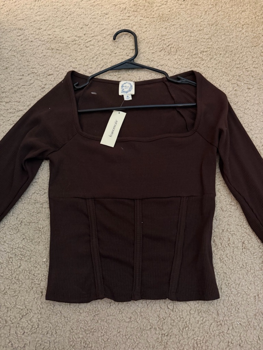 Francesca's Collections Ribbed Square Neck Corset-Style Crop Top in Brown